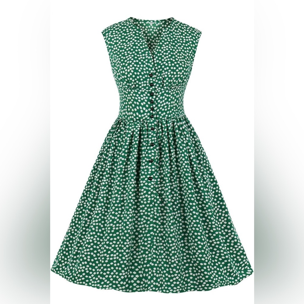 1950s Repro Vintage Floral Dress Green Ditzy